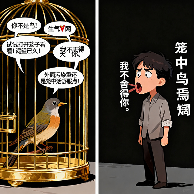卡通感漫画风，鎏金鸟笼与人物对话形成反差，讽刺现实，寓言式表达“笼中鸟焉知”主题。