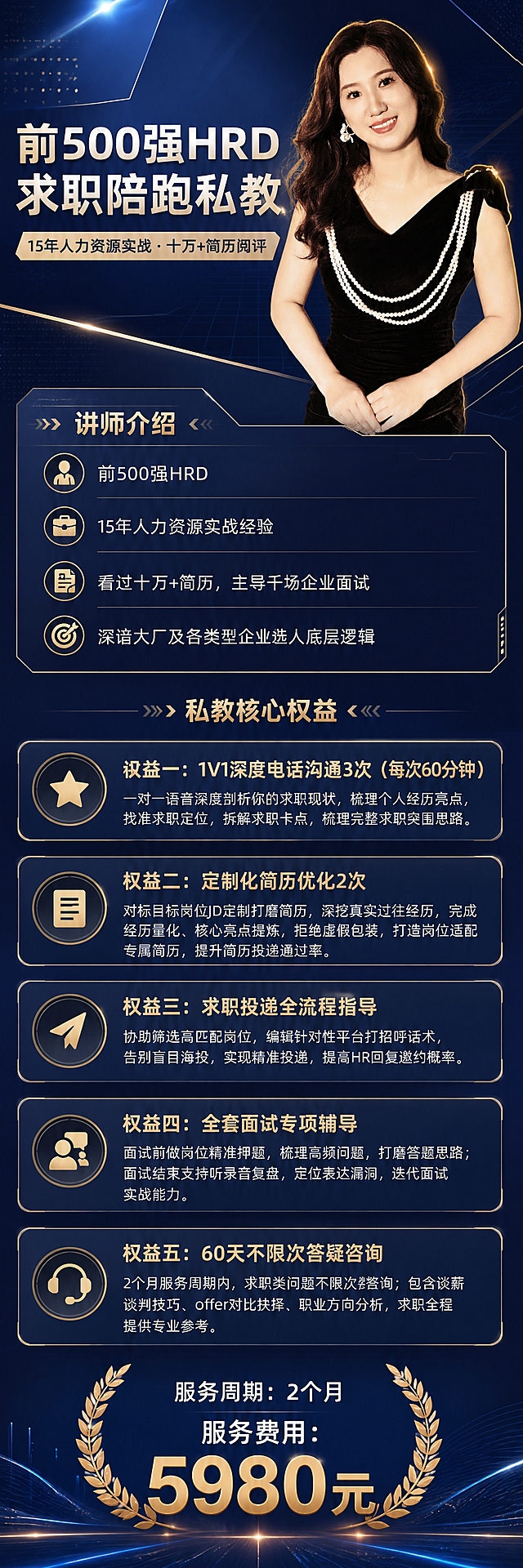 [商品] 使用【图2】讲师形象照作为人物面部和全身的唯一基准，严格保留人物五官、脸型、发型、笑容、珍珠耳饰、黑色丝绒V领礼服、三层珍珠项链、肩部蝴蝶结、双手交叠姿势；人物面部必须与原图完全一致，不改变五官比例、脸型、笑容和眼神；将人物自然融入深蓝色商务科技背景，做光影融合处理但面部特征100%保真。
[画面] 目标：一张深蓝商务科技风求职陪跑私教大长图，从上到下依次为：头图区（深蓝科技背景+讲师半身像+大标题）→ 讲师介绍区 → 五大权益区（5张卡片纵向排列）→ 服务信息收尾区；竖版超长构图，参考图1的版式与设计风格；整体高端商务科技感，搭配金色线条、光效粒子、几何切面元素。
[视觉] 套系策略：风格=深蓝商务科技风知识付费长图；标题字=粗体大气黑体；正文字=简洁无衬线体；主色=深蓝藏青渐变；背景延展=深蓝色多层渐变、科技网格、金色细线条装饰、光效粒子、几何切面；强调色=香槟金，用于标题描边、分割线、图标、价格高亮；标题色=白色+金色描边；正文色=浅灰蓝/白色；组件=圆角深色半透明卡片、金色描边、圆形图标、月桂叶装饰；光影=顶部聚光效果，人物边缘金色柔和轮廓光，卡片微弱发光。
[文字] 全部横向排版，文字清晰手机端可读：
【顶部头图区】右侧讲师半身像（面部严格与图2一致），左侧大标题「前500强HRD」「求职陪跑私教」，下方金色条「15年人力资源实战 · 十万+简历阅评」
【讲师介绍区】标题「讲师介绍」，4条带图标要点：
· 前500强HRD
· 15年人力资源实战经验
· 看过十万+简历，主导千场企业面试
· 深谙大厂及各类型企业选人底层逻辑
【五大权益区】标题「私教核心权益」，5张卡片依次：
⭐权益一：1V1深度电话沟通3次（每次60分钟）
一对一语音深度剖析你的求职现状，梳理个人经历亮点，找准求职定位，拆解求职卡点，梳理完整求职突围思路。

⭐权益二：定制化简历优化2次
对标目标岗位JD定制打磨简历，深挖真实过往经历，完成经历量化、核心亮点提炼，拒绝虚假包装，打造岗位适配专属简历，提升简历投递通过率。

⭐权益三：求职投递全流程指导
协助筛选高匹配岗位，编辑针对性平台打招呼话术，告别盲目海投，实现精准投递，提高HR回复邀约概率。

⭐权益四：全套面试专项辅导
面试前做岗位精准押题，梳理高频问题，打磨答题思路；面试结束支持听录音复盘，定位表达漏洞，迭代面试实战能力。

⭐权益五：60天不限次答疑咨询
2个月服务周期内，求职类问题不限次数咨询；包含谈薪谈判技巧、offer对比抉择、职业方向分析，求职全程提供专业参考。
【底部服务信息区】月桂叶装饰，居中展示「服务周期：2个月」「服务费用：5980元」，价格金色放大突出。
[规格] 竖版超长图，宽度1080px，高度5000px，分辨率高清，负向提示：避免面部变形、五官改变、脸型失真、换脸感、文字拥挤、错字、低画质、二维码、第三方平台标识。