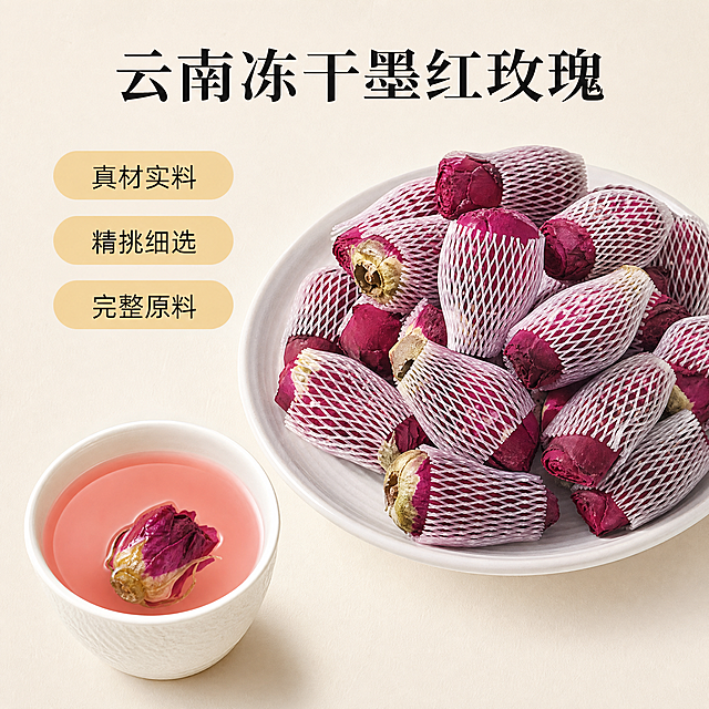 商业电商摄影，高清。画面顶部居中黑色标题「云南冻干墨红玫瑰」，左侧竖向排列三个浅黄色胶囊状标签，内含文字「真材实料」、「精挑细选」、「完整原料」。画面右侧为一个白色圆形大盘，盘中整齐堆放着冻干墨红玫瑰。画面左下方放置一个盛满墨红玫瑰茶汤的精致白瓷茶杯，茶汤清澈，光影自然。背景为极简温润的米白色磨砂肌理。柔和商业光，色彩饱满，材质真实，超高分辨率，4K，极简高级感。