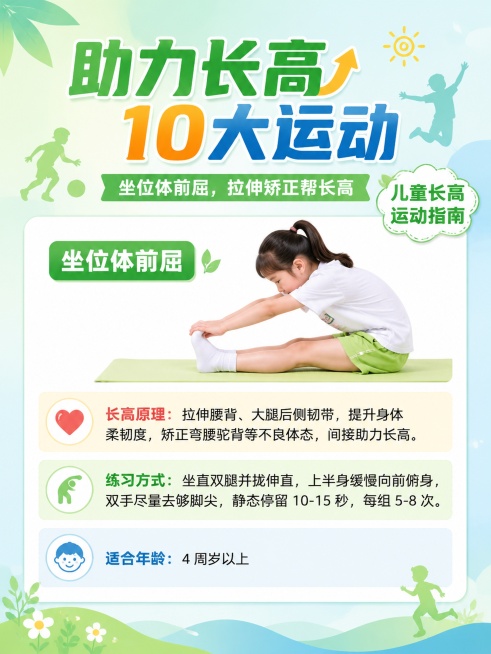 延续第一张海报的清新健康亲子风格，画面比例3:4。主标题"助力长高10大运动"，副标题"坐位体前屈，拉伸矫正帮长高"，装饰文字"儿童长高 运动指南"，正文完整包含：
坐位体前屈
❤️长高原理：拉伸腰背预览效果