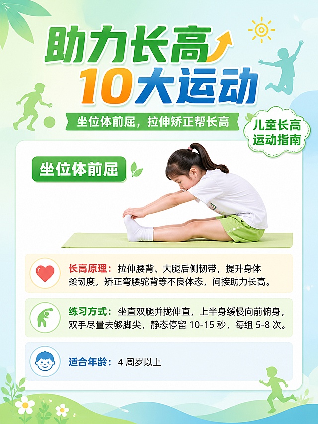 延续第一张海报的清新健康亲子风格，画面比例3:4。主标题"助力长高10大运动"，副标题"坐位体前屈，拉伸矫正帮长高"，装饰文字"儿童长高 运动指南"，正文完整包含：
坐位体前屈
❤️长高原理：拉伸腰背、大腿后侧韧带，提升身体柔韧度，矫正弯腰驼背等不良体态，间接助力长高。
💚练习方式：坐直双腿并拢伸直，上半身缓慢向前俯身，双手尽量去够脚尖，静态停留 10-15 秒，每组 5-8 次。
💙适合年龄：4 周岁以上
所有文字清晰可读，排版分区与第一张保持一致，背景采用浅绿+浅蓝渐变，搭配简约运动剪影装饰，整体干净明亮，符合儿童健康主题，版式精美，所有信息全部放在一张图内。