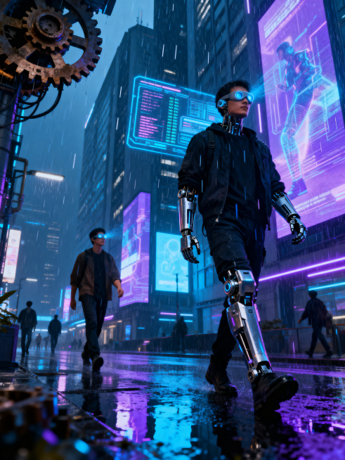 赛博朋克风格，霓虹蓝紫配色，未来高科技都市，高楼全息投影，阴雨潮湿街景，机械改造元素，充满科技感与未来感预览效果