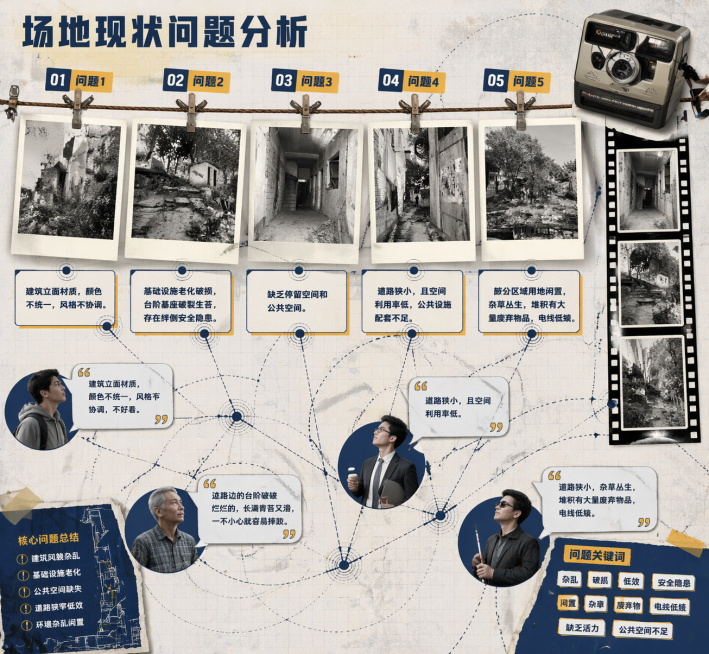 建筑景观场地现状问题分析展板，叙事性映射图，拼贴风格，必须严格保持5张输入照片的原始场地尺度、建筑布局和空间结构，优先保留原始照片的场地内容，严禁AI进行创造性的偏离或建筑结构变形，主色调严格限制为海预览效果