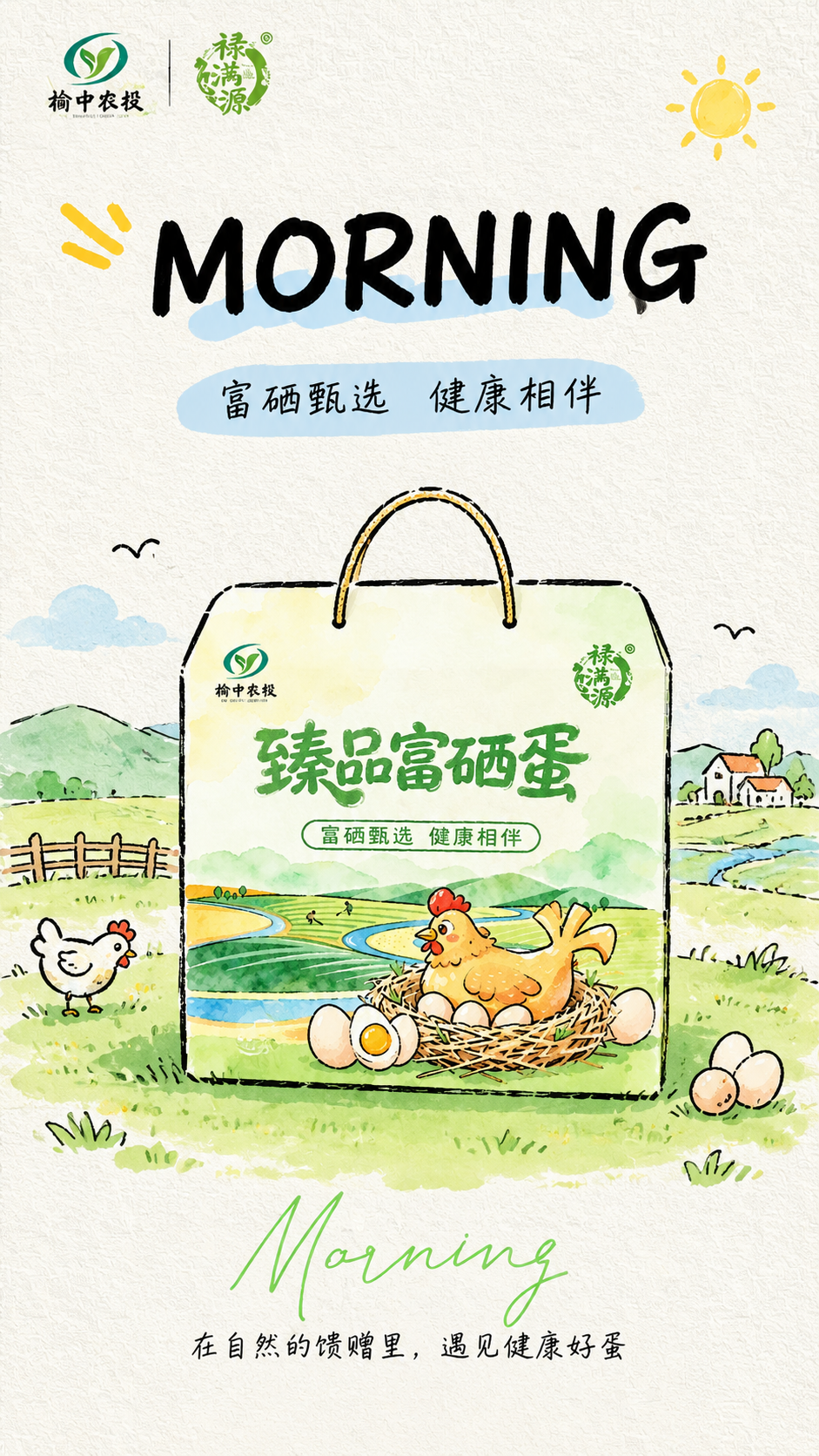 参考第一张图的手绘简笔水彩风格，为第二张图的臻品富硒蛋产品设计… - 图片创意预览