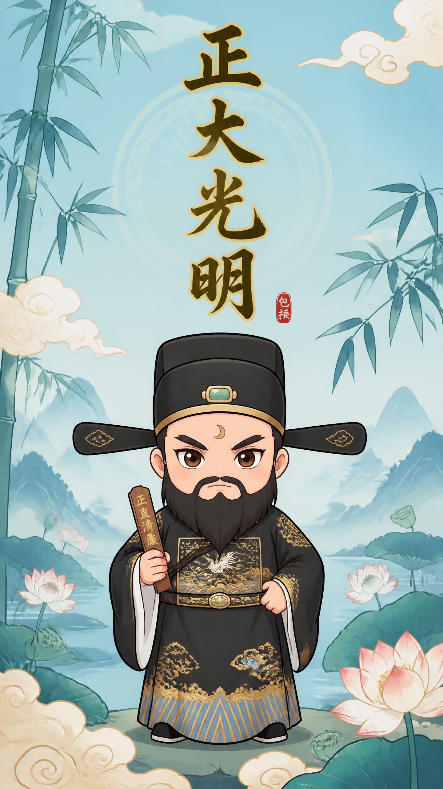 手机壁纸，卡通Q版风格，古代清官包拯包青天站在画面中央，头戴乌… - 图片创意预览