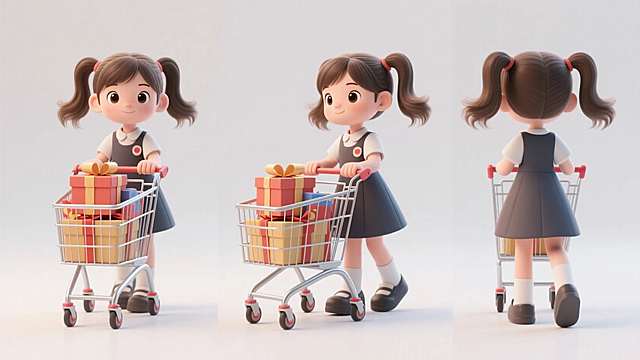 一个双马尾小女孩，推着装满礼盒的购物车