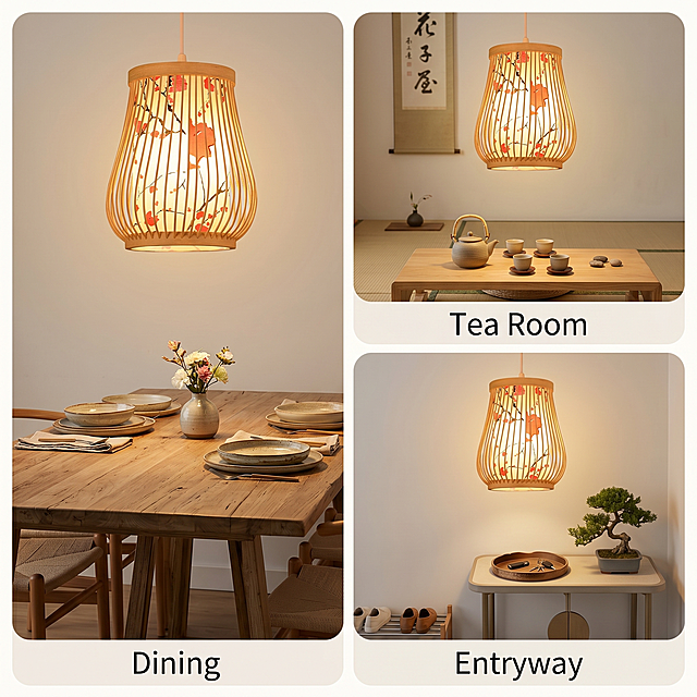 [主图 7] 竹编吊灯适用场景展示拼图。保持产品与原图外观材质颜色一致。展示三张不同场景的小图：餐厅、茶室、玄关，三张圆角拼图拼接在同一1:1画布中，每张图都有竹编吊灯点亮的效果，分别标注对应场景英文名称 Dining / Tea Room / Entryway。整体排版均衡清晰，展示产品适配多种休闲空间。符合亚马逊规范，全英文标注，无多余营销文字。光影统一为暖光氛围，画质清晰一致。1:1比例，2k超高清。负向提示词：变形，水印，文字错乱，产品模糊，背景杂乱，中文。