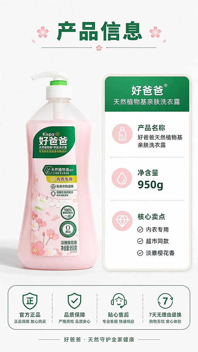 [第5屏] 规格参数页-产品信息总结与信任保障。本屏使用【图1】作为商品主体。
[氛围/风格] 简约信息卡风格，清晰直观，重点突出。
[元素布局] 左侧放置产品图，占比约45%，右侧信息卡展示核心参数与卖点，底部标注售后服务承诺，整体排版简洁不杂乱。
[光影质感] 均匀柔光，产品与信息区域都清晰明亮。
[配色色系] 全局底色 #f5f5f5，主色品牌绿+产品粉，辅助色白色。
[视角构图] 左右分栏构图，左产品右信息，均衡美观。
[文字版式] 顶部主标题「产品信息」，信息卡内容包含：产品名称「好爸爸天然植物基亲肤洗衣露」、净含量「950g」、核心卖点「内衣专用、超市同款、淡雅樱花香」，底部服务承诺「官方正品 品质保障」，文字排版清晰，重点信息加粗标注。
[比例分辨率] 9:16 竖版比例，4K分辨率，文字清晰可辨，高清画质。
[负向提示词] 产品变形，信息错误，文字错乱，水印，虚假承诺