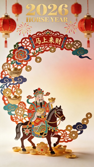 库淑兰剪纸艺术风格，绚烂彩色剪纸，微缩摄影，年味立体剪纸纸雕艺术，财神爷骑着马，金元宝与钱币祥云，顶部的红灯笼、烟花。中国风，东方审美，唯美，极简主义，浅暖色背景，海报构图，极端构图，丰富的镂空细节，预览效果