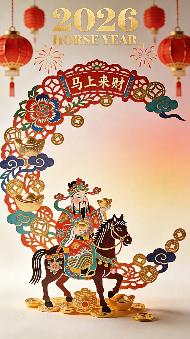 剪纸风融合国潮设计，鎏金重拟物手法呈现马年喜庆场景，财神骑马持金元宝，环绕祥云钱币，中式元素饱满，寓意“马上来财”，节日氛围浓厚。