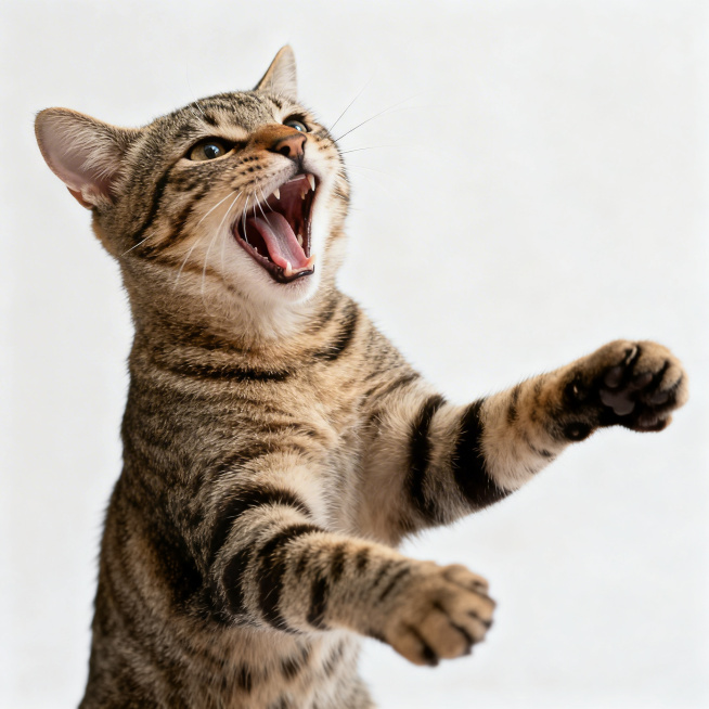 一只狸花猫，站立起来伸出手爪，张大嘴巴，表情生动活泼，毛发清晰可见，背景简洁干净，写实风格高清摄影效果预览效果