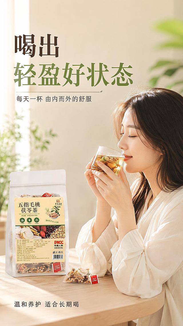 [第6屏] 模特展示屏-女生手持茶杯轻饮生活方式。本屏使用【图1】作为产品包装辅助展示。
[氛围/风格] 治愈系生活方式人像，温柔自然，小红书种草感，亚洲女生。
[元素布局] 画面右侧为一位年轻亚洲女生半身像，侧脸轻闭双眼，双手捧着透明玻璃杯喝茶，表情放松愉悦，女生占画面约50%；左侧桌面放着产品包装袋和一小包茶包，包装与输入图一致；背景为浅米色墙面+绿植虚化，窗边自然光；整体氛围温暖治愈。
[光影质感] 左侧窗边柔光，人物面部光线柔和，头发有自然高光，整体通透温暖。
[配色色系] 全局底色 #F5EFE0 暖米黄；主色草木绿 #7BA05B；辅助色肤色自然色调。
[视角构图] 侧面半身构图，人物在右，产品在左，阅读动线左上标题→人物→产品。
[文字版式] 左上主标题「喝出轻盈好状态」温润宋体大字；副标题「每天一杯 由内而外的舒服」圆角黑体小字；左下角加一行小字「温和养护 适合长期喝」。字色深棕+草木绿，字体与首屏一致。
[比例分辨率] 9:16 竖版比例，2K分辨率，文字清晰可辨，高清画质。
[负向提示词] 人物变形，面部模糊，包装错乱，水印，医疗功效话术，过度夸张表情。