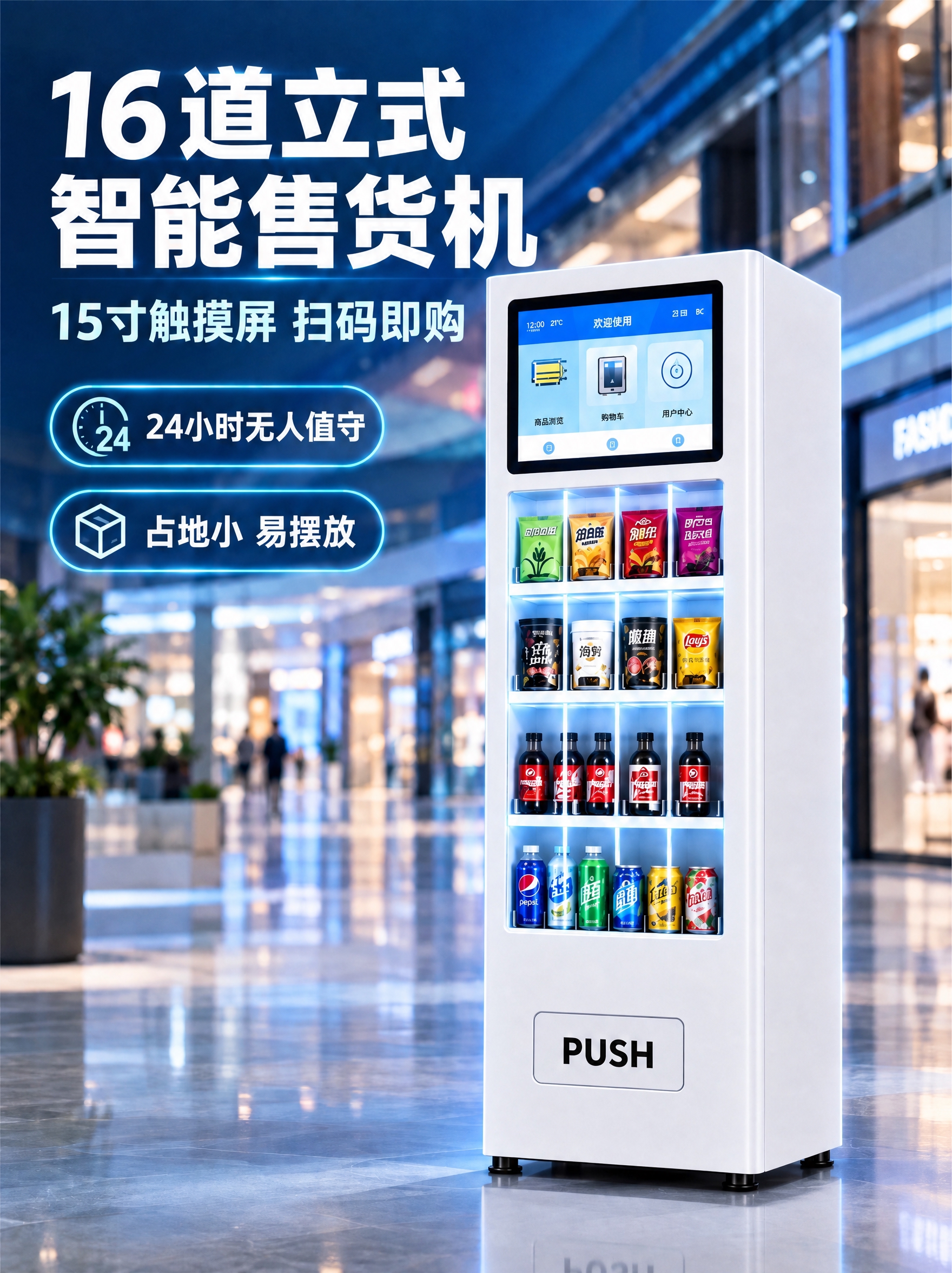 将画面中白色立式智能售货机的主体增加厚度，使其更宽厚敦实，保持… - 图片创意预览