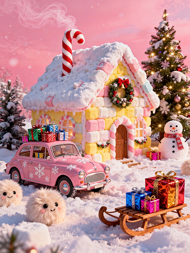 主视觉为一座棉花糖屋，屋顶覆盖积雪，烟囱是红白拐杖糖样式，墙面装饰棉花糖、圣诞花环，前面有一辆粉色复古小车，车身饰有雪花图案，车顶和车内堆满礼物盒，背景是粉红色雪景天空，雪地散落着雪人、雪橇、精美礼盒，还有圣诞树。