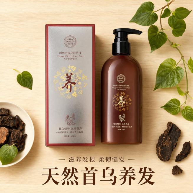 [主图-5] 颐丝恋首乌洗头液产品全家福促销
[氛围风格] 规整清新，高级陈列感
[画质] 商业平铺摄影，清晰干净，质感高级
[元素] 采用Knolling平铺方式，将洗头液瓶身和包装盒整齐陈列在浅原预览效果