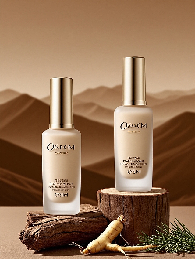 画面中有两个产品，前后放置，保持主体外观和形状。主体放置一根木块上，搭配人参、干枯树枝、何首乌、艾草。以暖棕色调远山为背景，营造古朴自然且高级的质感。