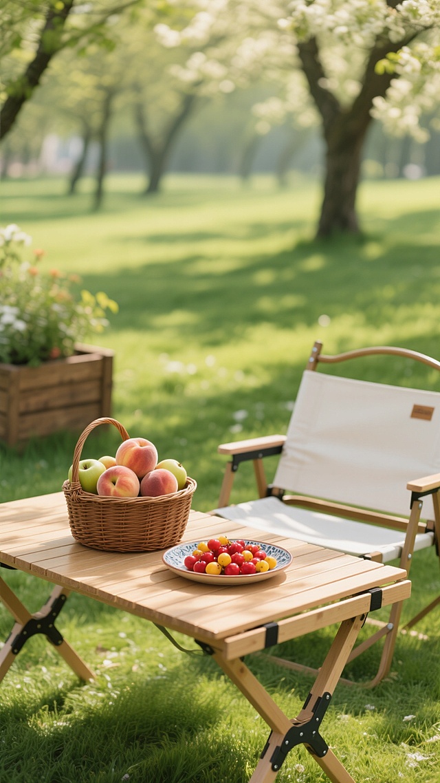 一张充满春日野餐氛围的照片，阳光明媚，光线柔和，呈现出温暖的自然光效果，绿色的草地生机勃勃，树木的阴影斑驳地洒在地面上，木质折叠桌上放着一个装满桃子和苹果的棕色编织篮，旁边还有一个装满红色和黄色小果子的陶瓷盘子，桌子旁边有一把白色的折叠椅，背景中可以看到木制花箱和模糊的树木，整体色调以绿色和木色为主，画面清新自然，充满了宁静舒适的感觉。