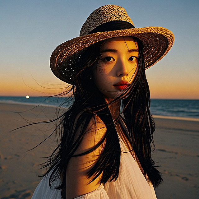 女生，黑色长发，长裙，沙滩草帽，落日，沙滩，眼部大特写
