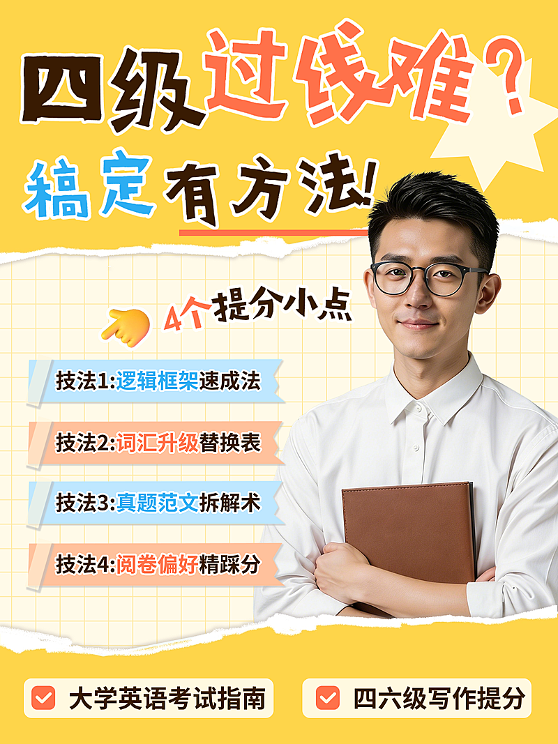大学四六级备考提分技巧干货分享黄色撕纸风小红书封面