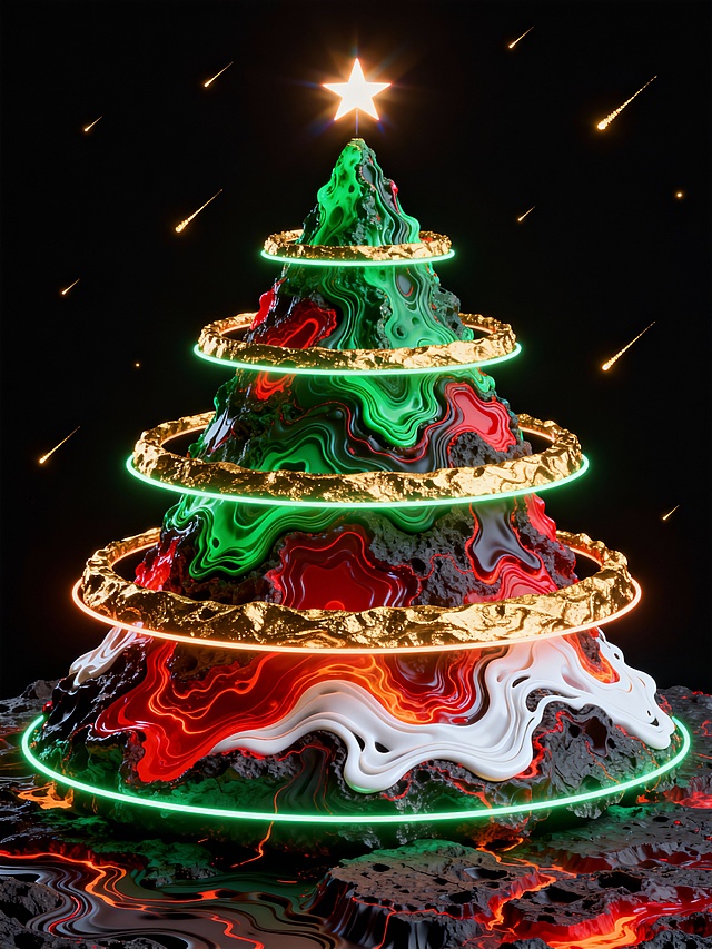 未来感与科技感交融的3D圣诞树，液态风与霓虹灯风交织，鎏金环层叠环绕，超现实主义呈现梦幻酷炫的虚拟自然节日奇景。