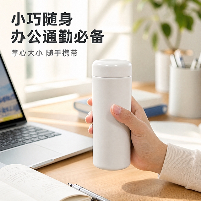 [主图-3] 真实使用场景 办公桌面通勤便携场景
[统一基调] 淘宝/天猫专业品质风格 整体干净通透 明亮自然光 真实场景融入 主标题深灰黑体 辅助文字浅灰 强调色用清透蓝绿 字体为无衬线粗体 字号层级分明 画面清爽有生活感
[画面] 产品为白色圆柱形迷你保温杯 磨砂哑光质感 放置在真实的现代简约办公桌面上 旁边有笔记本电脑一角 一本打开的笔记本 一支笔 营造办公日常场景 产品位于画面视觉中心 占画面约40% 正面微侧角度 一只手自然地握住杯身中部 展示手持比例和大小 手部姿态自然放松 桌面为浅木色 背景虚化 突出产品 整体氛围明亮温馨 有阳光从侧面洒入的感觉 保持产品外观结构颜色与原图一致
[光影质感] 真实自然光摄影质感 柔和的窗边日光 从左上方照入 产品表面有自然的高光和阴影 磨砂材质细腻 桌面有柔和的产品投影 整体温暖明亮 场景真实自然
[配色] 场景主色调为浅木色 米白色 浅灰色 产品纯白色 文字深灰色 强调元素清透蓝绿色 整体色调温暖舒适 干净整洁
[文字版式] 画面左上角放置主标题"小巧随身 办公通勤必备" 下方小字副标题"掌心大小 随手携带" 文字放在画面负空间 不遮挡产品和手部 字体统一无衬线粗体 标题大字醒目 说明文字缩小
[输出要求] 比例1:1 2048x2048 产品清晰不变形 手部自然无畸形 文字清晰可读 无错字 无水印 无平台Logo 场景真实自然不杂乱