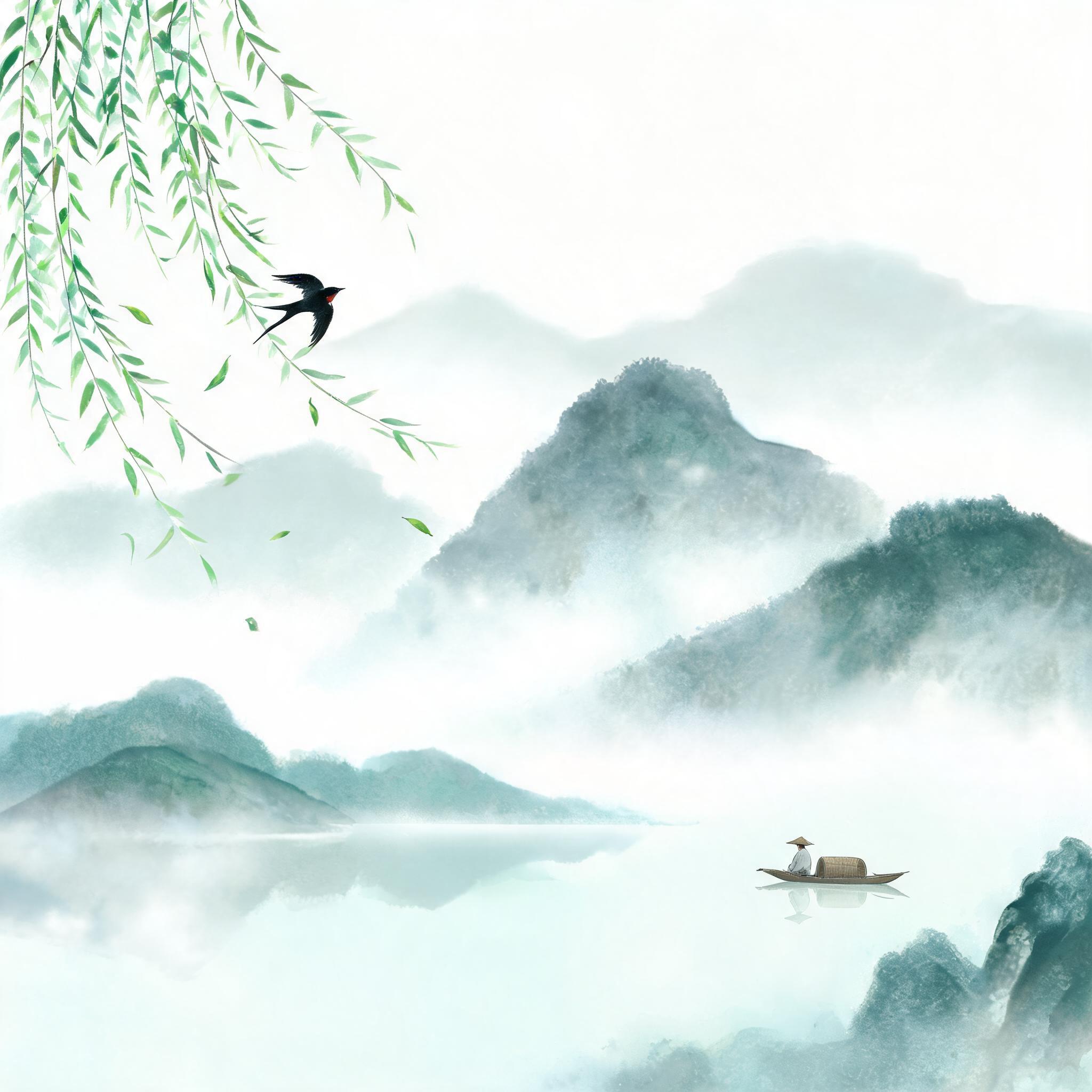 国风新中式水墨插画，正方形构图，淡雅青绿山水风格，整体色调清冷… - 图片创意预览