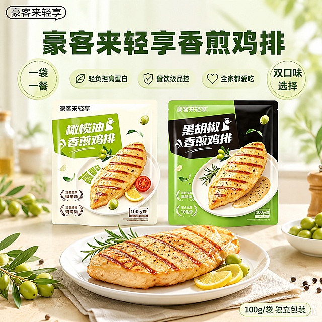「图片1」卖点：一袋一餐，轻负担高蛋白，豪客来轻享系列，餐饮级品控，双口味选择，全家都爱吃