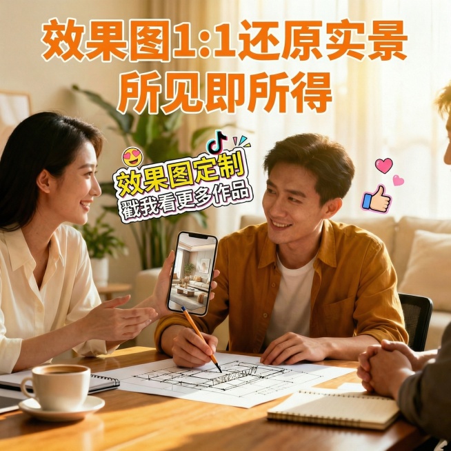 抖音个人作品风格，效果图制作服务宣传图，画面是客户用手机对比效果图和实景，两者高度还原，配抖音风格文字"效果图1:1还原实景 所见即所得"，风格真实有说服力，色调柔和自然预览效果
