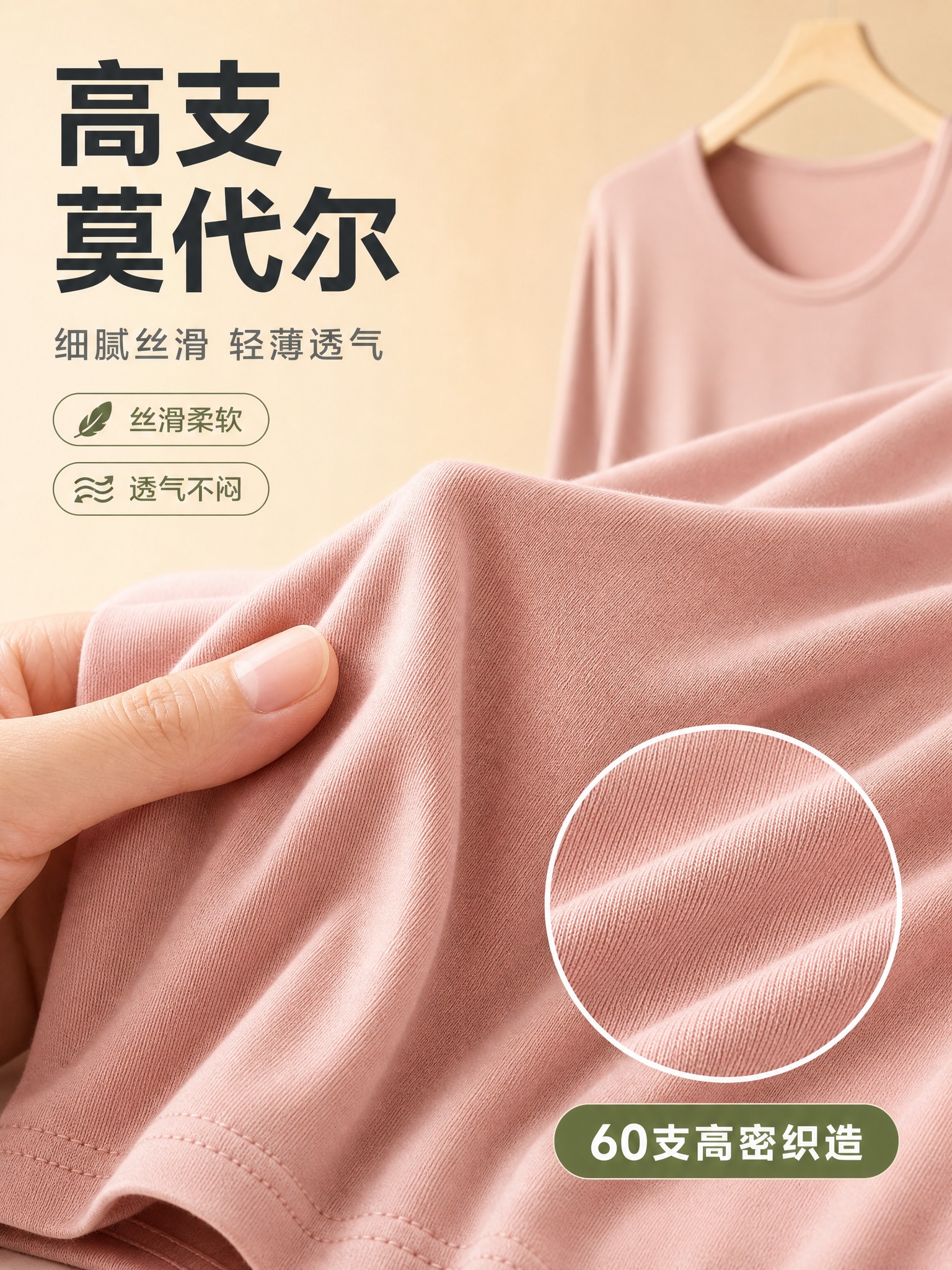 [主图-2] 女士莫代尔秋衣面料细节特写主图，展示高支莫代尔材… - 图片创意预览