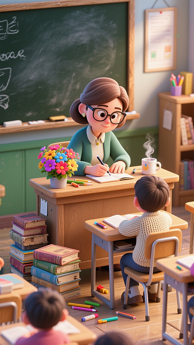 温馨教室插画，卡通风格老师与学生互动，轻拟物风设计，营造亲切学习氛围。