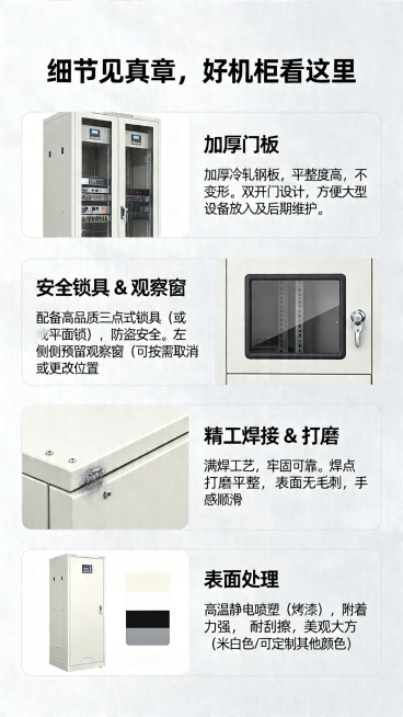 电商详情页板块，标题"细节见真章，好机柜看这里"，分四点图文展示产品细节：1.加厚门板：文案采用加厚冷轧钢板，平整度高，不变形。双开门设计，方便大型设备放入及后期维护。2.安全锁具 & 观察窗：文案配预览效果