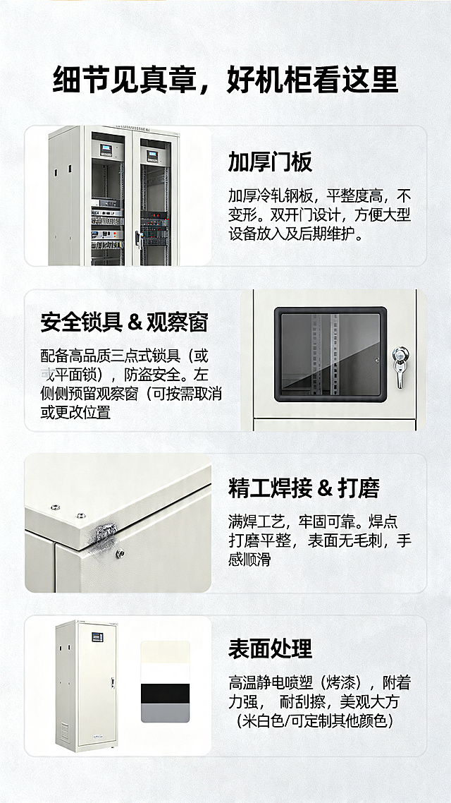 电商详情页板块，标题"细节见真章，好机柜看这里"，分四点图文展示产品细节：1.加厚门板：文案采用加厚冷轧钢板，平整度高，不变形。双开门设计，方便大型设备放入及后期维护。2.安全锁具 & 观察窗：文案配备高品质三点式锁具（或平面锁），防盗安全。左侧预留观察窗（可按需取消或更改位置），实时监控设备运行。3.精工焊接 & 打磨：文案满焊工艺，牢固可靠。焊点打磨平整，表面无毛刺，手感顺滑。4.表面处理：文案高温静电喷塑（烤漆），附着力强，耐刮擦，美观大方（米白色/可定制其他颜色）。整体干净商务工业风格，适合详情页展示