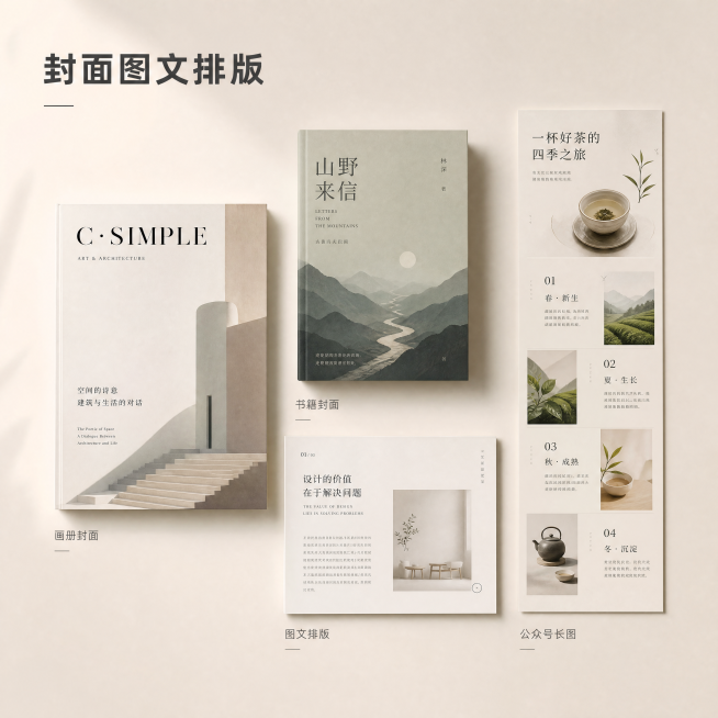 [主图-4] 封面+图文排版专项服务淘宝主图。
[氛围风格] 文艺商务混搭风格，极简留白设计，画面高级干净，版式精致，专业美工排版服务视觉。
[画质] 高清画质细节丰富，低饱和度莫兰迪配色，无水印，高预览效果