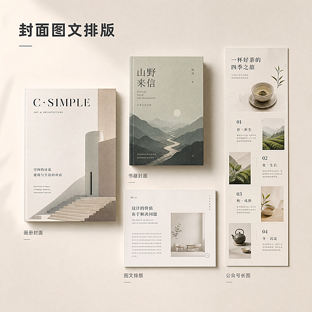 [主图-4] 封面+图文排版专项服务淘宝主图。
[氛围风格] 文艺商务混搭风格，极简留白设计，画面高级干净，版式精致，专业美工排版服务视觉。
[画质] 高清画质细节丰富，低饱和度莫兰迪配色，无水印，高级质感。
[元素] 展示画册封面、书籍封面、公众号长图、图文排版四类设计作品，采用极简留白布局，作品错落展示，保留大量干净留白，突出版式设计精致感，低饱和度莫兰迪配色让整体画面更高级。主体作品占比控制在65%左右，留白充足不拥挤。
[光影] 柔和侧光，突出版式层次感，光影过渡自然，留白区域干净通透，细节清晰。
[配色] 低饱和度莫兰迪色系为主，背景为浅米白色，整体配色高级舒适，符合文艺商务风格。
[视角构图] 居中错落展示构图，留白均衡，视觉重心稳定，突出版式设计专业感。
[文字版式] 画面左上角放置标题"封面图文排版"，深灰色粗体，大小适中，文字不遮挡主体作品，保持留白干净。
[比例分辨率] 1:1比例，4k分辨率，超高清画质。
[负向提示词] 变形，水印，文字错乱，背景杂乱，色彩鲜艳，留白不足