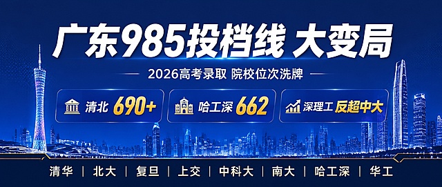 公众号首图海报，深蓝渐变背景，底部有广州塔和平安金融中心的城市天际线剪影，呈现广东地域特色。画面中央偏上是大号白色主标题文字"广东985投档线 大变局"，字体粗体醒目有力量感。主标题下方是副标题"2026高考录取 院校位次洗牌"，字号较小。中间区域是三条核心数据信息，以横向排列的卡片或标签形式呈现：第一条"清北690+"、第二条"哈工深662"、第三条"深理工反超中大"，数字用金色或亮黄色高亮突出，有数据冲击感。画面底部有一条深色底栏，底栏内横向排列院校名称"清华 | 北大 | 复旦 | 上交 | 中科大 | 南大 | 哈工深 | 华工"。整体风格专业大气、数据资讯感强，版式精美，层次分明，四周留足安全边距。画面中所有数字必须精确渲染，不得错位、遗漏或编造。画面中所有信息区域必须填充完整合理的内容，不得出现空白框或占位区域。