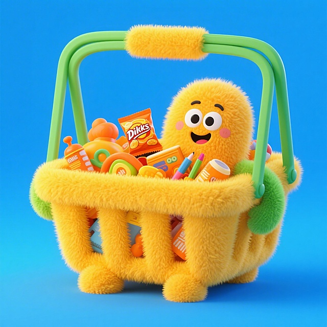 毛茸茸的3D卡通篮子拟人化，萌趣十足，充满童趣与梦幻感，软萌质感搭配缤纷玩具，传递欢乐节日氛围。