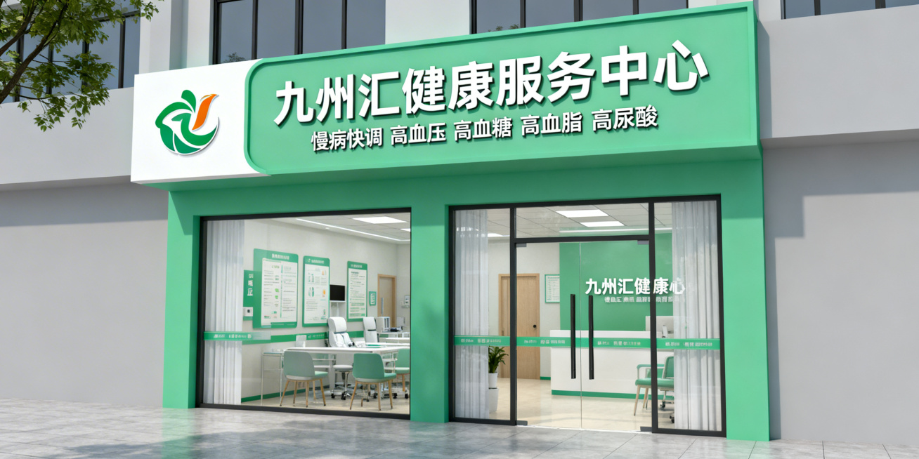 大健康管理中心门店门头设计，门头整体采用适合大健康的清新自然绿色系色调，左侧预留区域放置logo，大字内容为"九州汇健康服务中心"，大字下方小字内容为"慢病快调 高血压 高血糖 高血脂 高尿酸"，设计预览效果