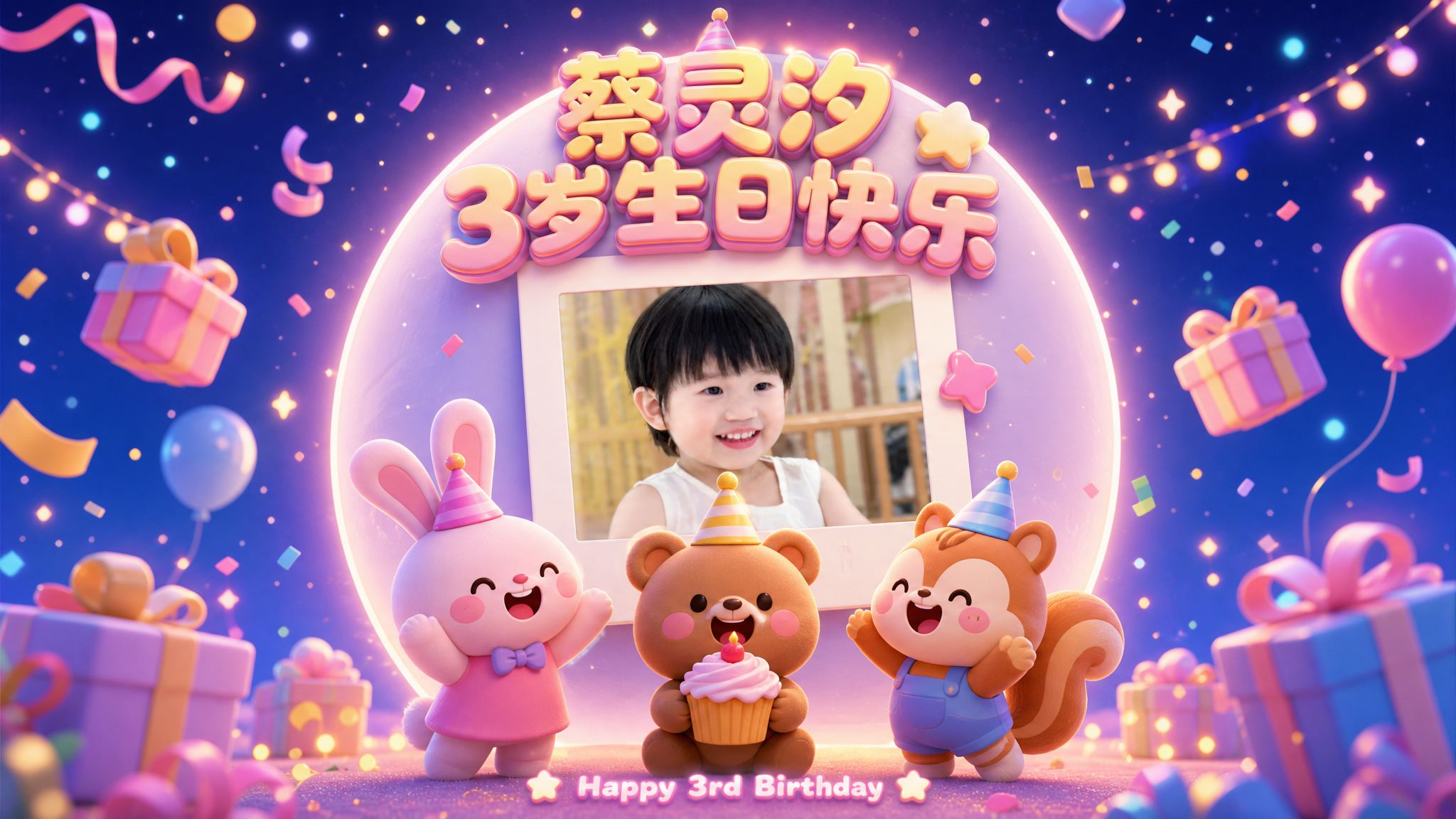 横版16:9儿童3岁生日海报，3D卡通Q版风格，参考第三张图的… - 图片创意预览