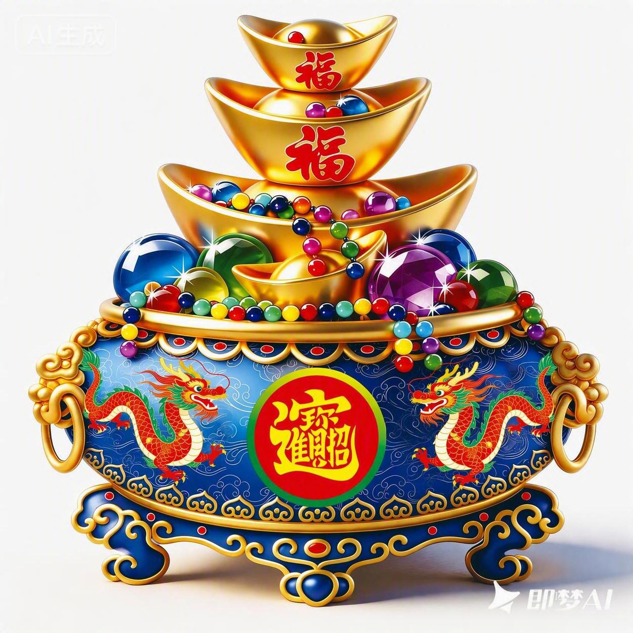 基于参考图，去掉聚宝盆后面所有的牡丹花和花叶，聚宝盆主体的天蓝… - 图片创意预览