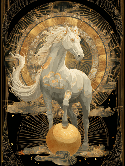 1. 空间与构图
核心布局：统一采用中心聚焦式构图，生肖马始终为视觉核心，金色能量核心（新春祥瑞金球）为第二锚点，确保视觉重心稳定；马的姿态需体现 “虔诚联结”（前蹄轻踏核心），呼应龙马精神的奋进感。预览效果