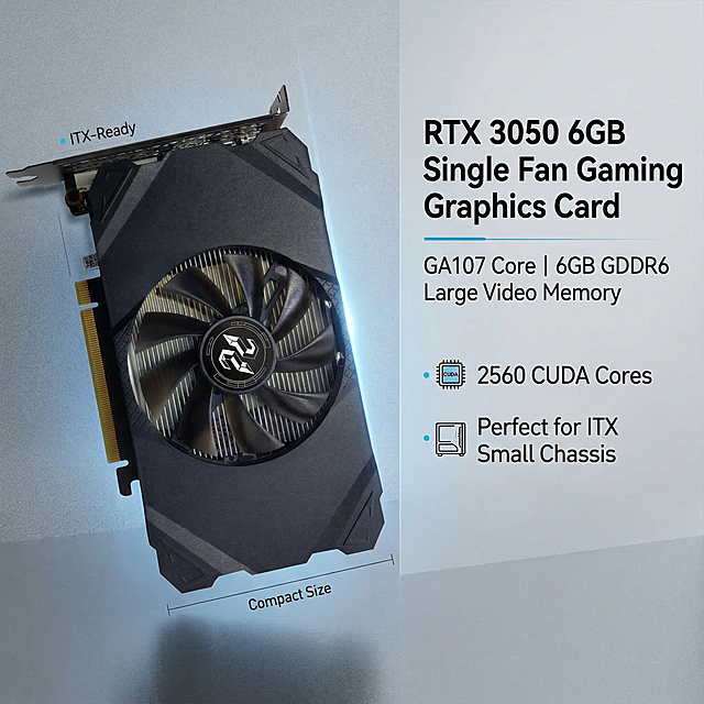 亚马逊主图2，主体为单风扇RTX3050 6GB显卡斜45°展示，采用亚马逊爆款左右分栏构图，浅灰科技渐变背景，文案大标题：RTX 3050 6GB Single Fan Gaming Graphics Card，小标题：GA107 Core | 6GB GDDR6 Large Video Memory，说明：2560 CUDA Cores | Perfect for ITX Small Chassis，参数清晰，突出单风扇小体积优势，黑灰+科技蓝风格，高清写实，无水印、价格、亚马逊logo、促销文字
