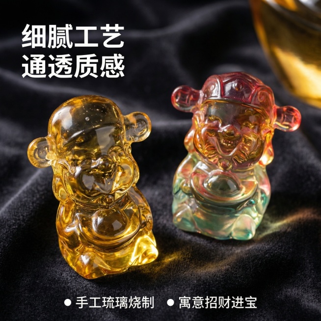 [主图 2] 
[主图主题] 招财猫水晶摆件细节展示
[氛围/风格] 轻奢质感风格，细节清晰，突出通透材质
[画面元素] 放大展示两只招财猫水晶摆件的局部细节，展示琉璃通透的光泽感和雕刻纹理，放置在深预览效果