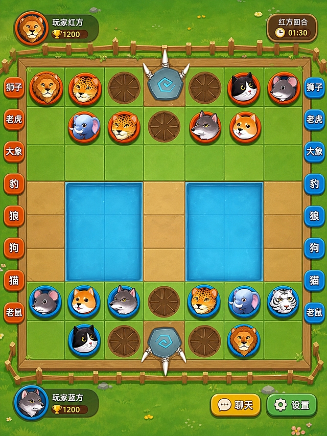 参考图中的卡通Q版斗兽棋对局界面风格，生成一张完整的斗兽棋游戏对战界面。7x9格棋盘，中间有两片蓝色水域，上下两端各有一个带尖刺的蓝色兽穴，棋盘上分布着棕色陷阱格。红方（橙色边框）和蓝方（蓝色边框）各8种动物棋子：狮子、老虎、大象、豹、狼、狗、猫、老鼠，棋子为圆形卡通动物头像，表情可爱。棋盘背景为绿色草地，顶部有木栅栏装饰，整体画风清新卡通，UI简洁明了，游戏界面质感，2K高清