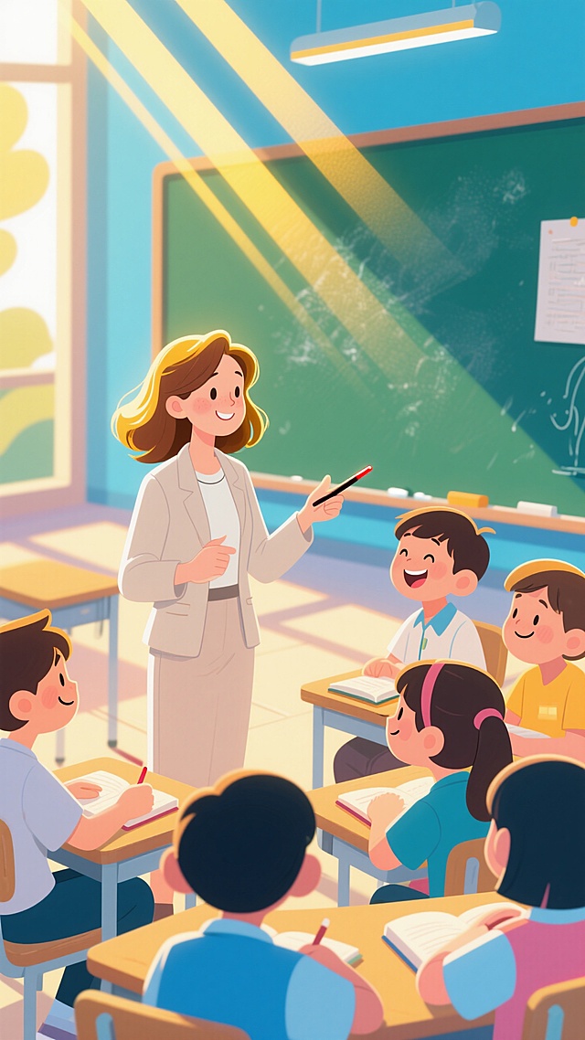 女老师在阳光下给学生们上课，阳光洒脱在老师和学生身上，呈现温馨积极氛围