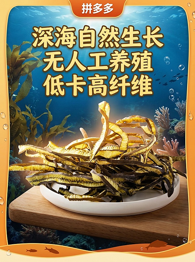 拼多多海茸丝详情页首屏，高清海茸丝产品图为主体，上方大字核心卖点文案"深海自然生长，无人工养殖，低卡高纤维"，整体风格清新醒目，符合拼多多电商详情页视觉风格，暖色调，突出产品原生态质感