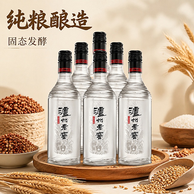 [主图-3] 纯粮酿造原料展示主图。六瓶泸州老窖居中展示，周围散落高粱小麦原料，自然摆放，展示纯粮酿造核心卖点。保持每瓶酒外观和文字与输入图完全一致，不修改。浅米色简约背景，原木托盘衬托，柔和自然光。左上大字写纯粮酿造，小字固态发酵，文字不遮挡主体。商品占比约60%，产品+原料直观传递卖点，整体自然清新。光影柔和，产品原料都清晰。1:1比例，超高清商业摄影。负向提示词：变形，遮挡瓶身，改变产品外观，日期新鲜文字
