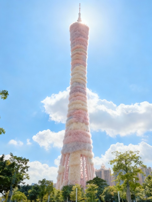建筑整体呈现出全毛绒质感的风格，毛绒有层次感，毛绒颜色为马卡龙色调。建筑保留原始形状，各个部分都如同被几种颜色柔软的毛绒材质精心包裹预览效果