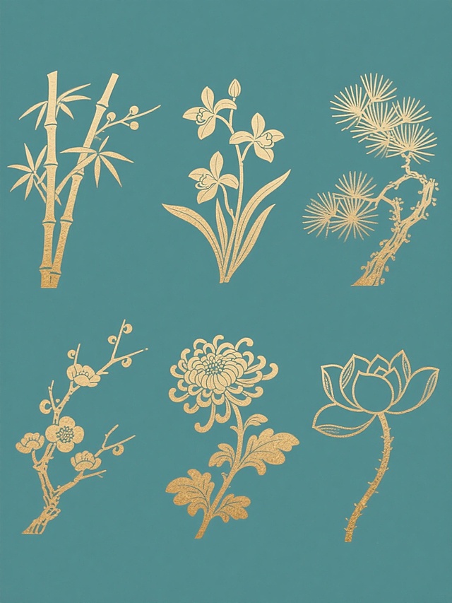 中国传统古风元素系列素材集合，采用金色磨砂质感线条绘制，纯色背景，包含六个完全不同的元素：左侧上方为竹枝，左侧下方为梅花枝，中间上方为兰花，中间下方为菊花，右侧上方为松枝，右侧下方为莲花，所有元素规整排布，保持一致的艺术风格和视觉效果。