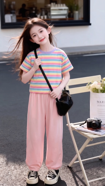 用图1的短袖和裤子替换图的2的人物穿搭衣服裤子，保留原场景光影，保持图2的人物的五官和发型不变，图片宽高尺寸不变，背景不变，鞋子不变，人物姿势不变，保持图1的短袖和裤子的款式材质不变和颜色不变预览效果