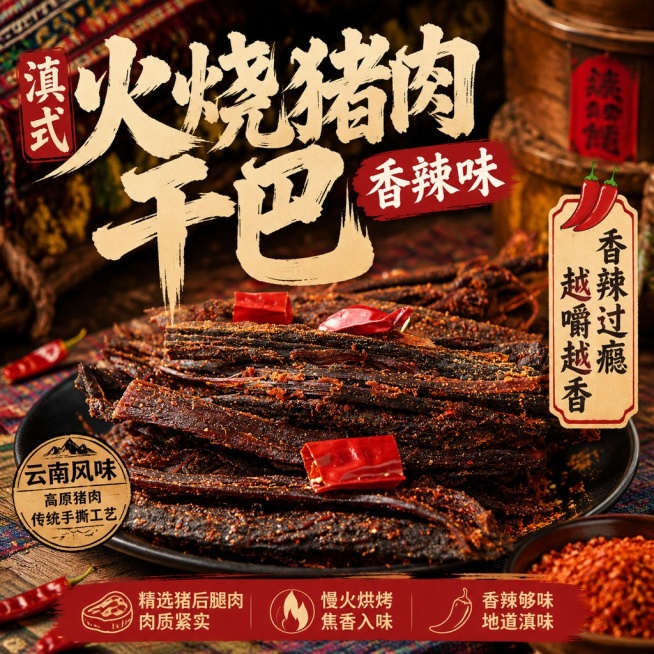 整体风格定义：滇式市井香辣写实美食风，融合国潮粗手写字体 + 民族轻软装
要求：食欲冲击力强、地域标签清晰、信息层级适配电商流量；
产品为：火烧猪肉干巴
生成三张风格一致的口味电商主图
佤味：「图片1预览效果